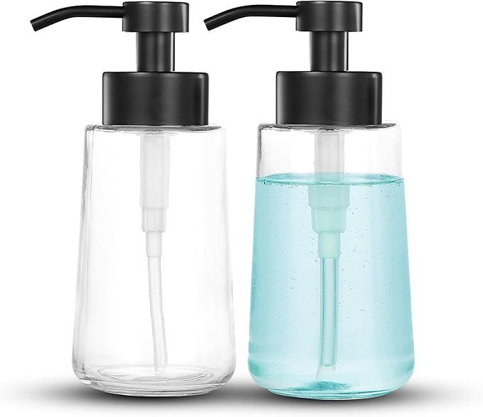 Soap Dispenser, Clear Glass Soap Dispenser with Rust Proof Pump, 16oz Liquid Soap Pump with Waterproof Labels, Dish & Hand Soap for Bathroom, Kitchen, Matte Black, Pack of 2 by DOILIESE