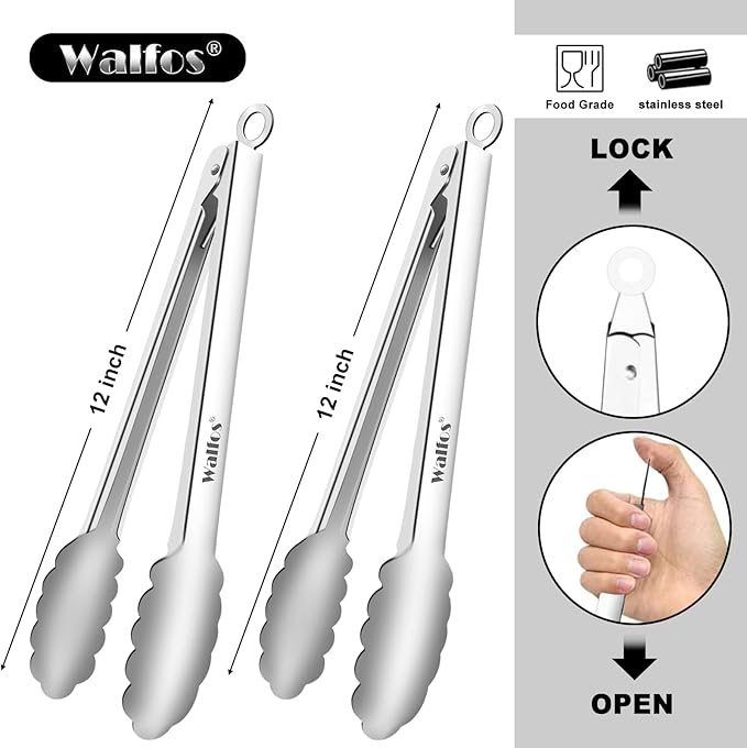 Walfos tongs for cooking, All Metal Kitchen Tongs 600℉ Heat Resistant, Heavy Duty Locking Tongs 2-piece 12 Inch - Image 6