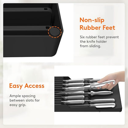 Lifewit Magnetic Drawer Knife Organizers Insert, Kitchen Plastic In Drawer Knife Block Slots, Steak Chefs Knives Holder Storage Sets for 12 Knives and 1 Sharpening Steel, Large, Black