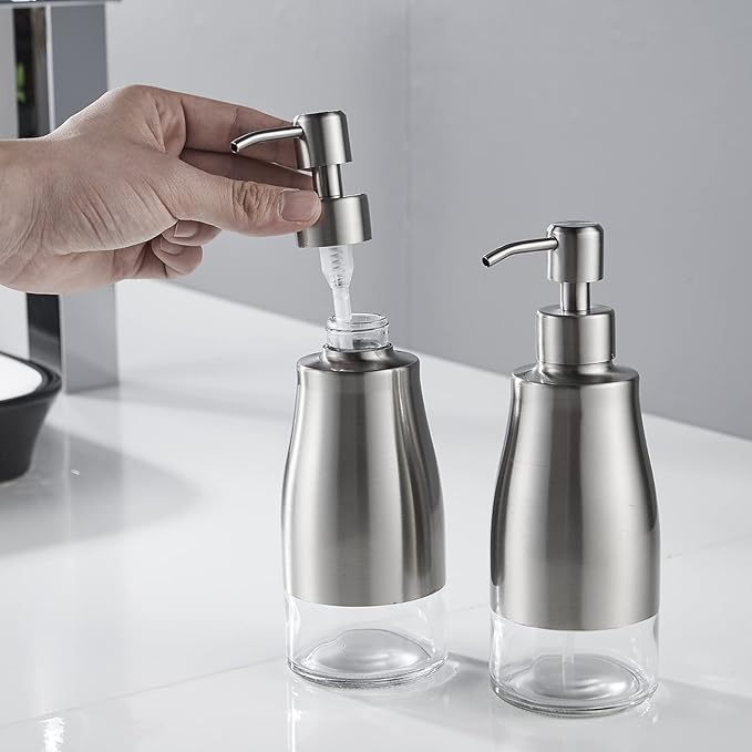 Gaussra 2 Pack Soap Dispenser with Coaster and Stickers, Stainless Steel Case Glass Liner Hand Pump Dispenser, Refillable Liquid Hand Soap Dispenser for Bathroom & Kitchen - Brushed Nickel - Image 7