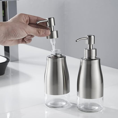 Gaussra 2 Pack Soap Dispenser with Coaster and Stickers, Stainless Steel Case Glass Liner Hand Pump Dispenser, Refillable Liquid Hand Soap Dispenser for Bathroom & Kitchen - Brushed Nickel - Image 7
