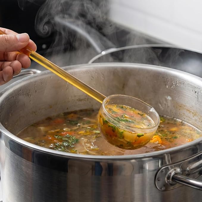 2 Pack 9.65" Heat Glass Ladle, High Temperature Borosilicate Glass Mixing Utensil Ladle With Pourable Mouth Can Be Heated Directly Open Flame for Home Kitchen Restaurant Banquet, Yellow Soup Spoon