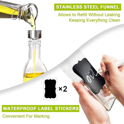 Showvigor Olive Oil Dispenser, 17oz/500ml Square Tall Glass Container With 2 Stainless Steel Pourers, 2 Labels, 1 Brush and 1 Funnel for Kitchen - Image 5