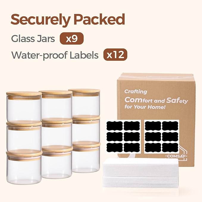 ComSaf 0.5 Qt Glass Food Storage Jars Set of 9, Clear Glass Storage Containers with Lids, Pantry Organization Jar, Spice, Salt, Blooming Tea, Coffee, Oat and Sugar Container, Small jar Set for Kitchen - Image 8