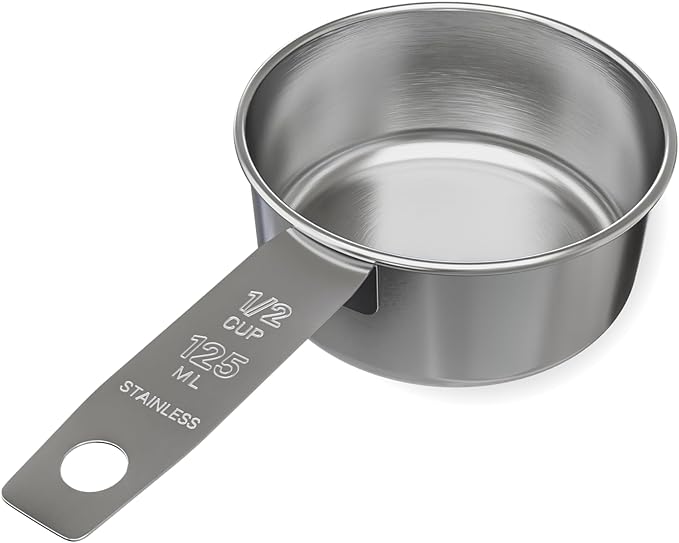 1/2 Cup Stainless Steel Measuring Cup | Sturdy Metal 125 ml | 125 cc | 4 oz | Single Cup for Wet and Dry Ingredients | Great for use as 1/2 Cup Dog Food Scoop - 1 PK by Knupp+Co.
