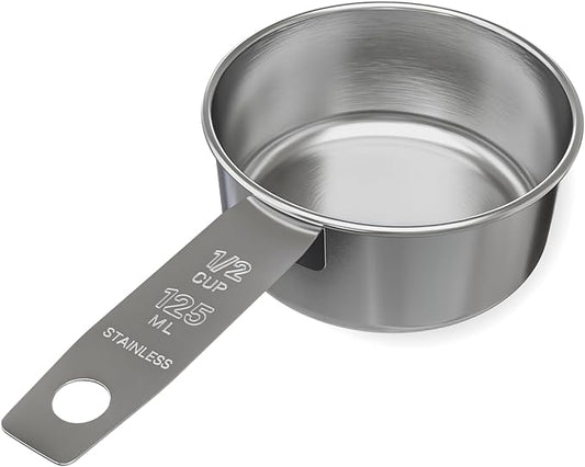 1/2 Cup Stainless Steel Measuring Cup | Sturdy Metal 125 ml | 125 cc | 4 oz | Single Cup for Wet and Dry Ingredients | Great for use as 1/2 Cup Dog Food Scoop - 1 PK by Knupp+Co.