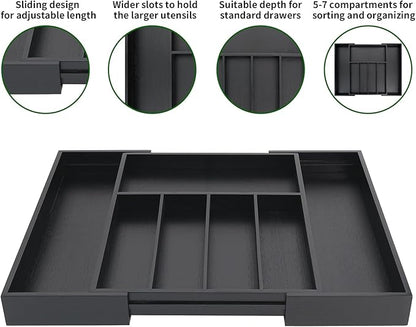 VaeFae Premium Bamboo Drawer Organizer, Expandable Silverware Drawer Organizer, Cutlery Tray with Dividers for Kitchen Utensils (Black, Large)
