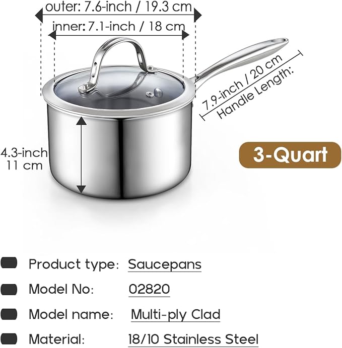 Cooks Standard Stainless Steel Saucepan with Lid, Multi-Ply Clad Sauce Pot 3-Quart, Silver
