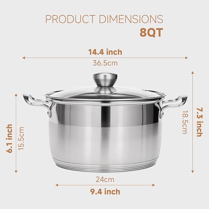 Ohtomber 8 Quart Stock Pot - Stainless Steel Large Cooking Induction Pot with Lid for Pasta, Soup, Spaghetti, Nonstick Thick Base Deep Stockpot, Kitchen Cookware for Stew, Simmer, Boiling, Canning - Image 2