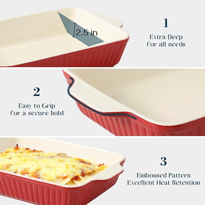 DOWAN Casserole Dishes for Oven, Set of 3 Rectangular Ceramic Baking Dishes, 135 oz Capacity, Red (15.6''/12.2''/8.9'') - Image 3