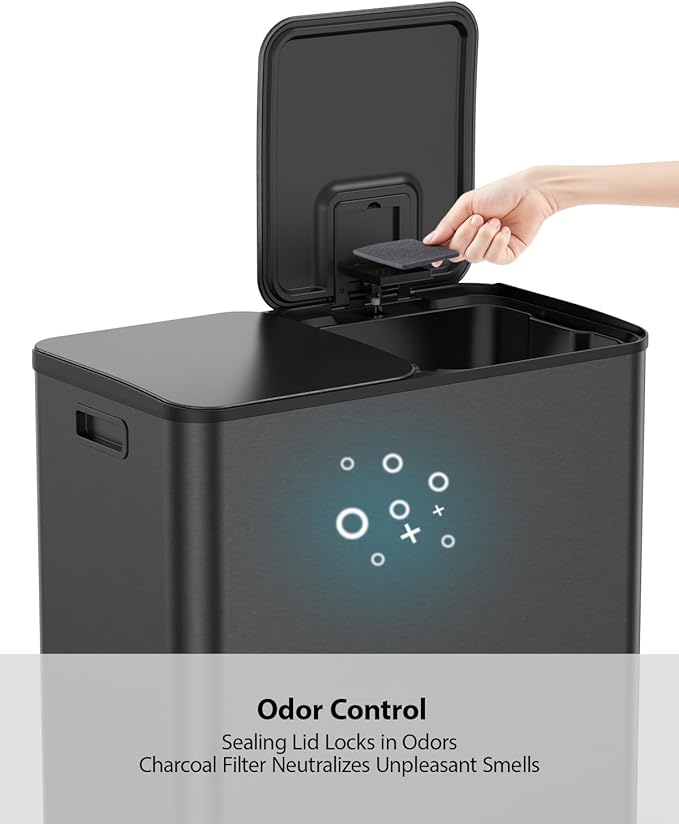 Lovewind Dual Trash and Recycling Bins for Kitchen, 2 * 11-Gallon Stainless Steel Double Trash Can, Step-On Garbage and Recycle Combo, Quiet Close, Pet-Proof, Compatible with 13-Gallon Bags, Black - Image 8