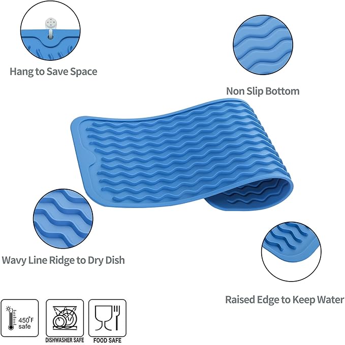 MicoYang Silicone Dish Drying Mat for Multiple Usage,Easy clean,Eco-friendly,Heat-resistant Silicone Mat for Kitchen Counter,Sink,Bar,Bottle,or Cup Lichen Blue M 17 inches x 6 inches - Image 3