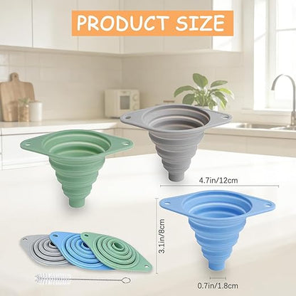 Kitchen Funnel Set 3 Pack, Collapsible Silicone Funnel for Kitchen Use, Small Funnels for Filling Bottle, Transfer Liquid, Oil and Powder, Food Grade Silicone Filter with a Brush - Image 6