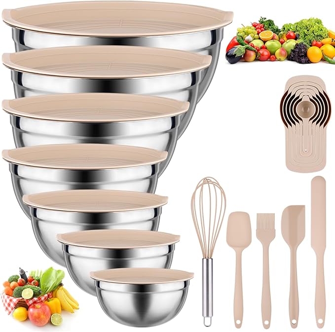 Leidawn Mixing Bowls with Lids set - 25 PCS Stainless Steel Nesting Khaki Mixing Bowls Set for Baking,Mixing,Serving & Prepping,Size 5, 3.7, 2.8, 2.3, 1.7, 1.1, 0.7QT, 11 Cooking Utensils by Leidawn