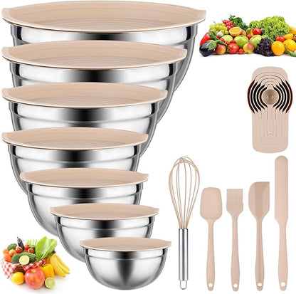 Leidawn Mixing Bowls with Lids set - 25 PCS Stainless Steel Nesting Khaki Mixing Bowls Set for Baking,Mixing,Serving & Prepping,Size 5, 3.7, 2.8, 2.3, 1.7, 1.1, 0.7QT, 11 Cooking Utensils by Leidawn