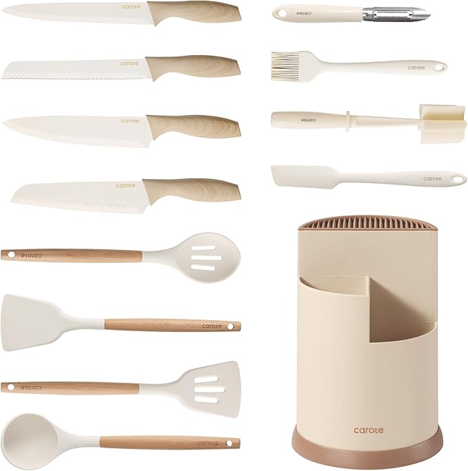 CAROTE 13Pcs Kitchen Utensils Set with 360 Rotating Knife Block, Heat Resistant Cooking Utensils with Wooden Handle, Nonstick Ceramic Surface, Cream White by CAROTE