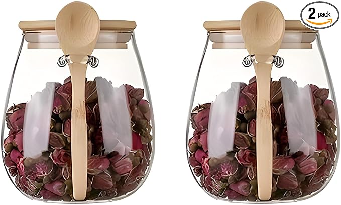 Airtight glass jar storage container with bamboo lid Set of 2, wide mouth, leak-proof, With a spoon, can be used for coffee beans, tea leaves, grains, dried fruits, etc (Middle) by DNIENKGE