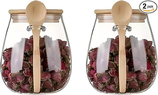 Airtight glass jar storage container with bamboo lid Set of 2, wide mouth, leak-proof, With a spoon, can be used for coffee beans, tea leaves, grains, dried fruits, etc (Middle) by DNIENKGE