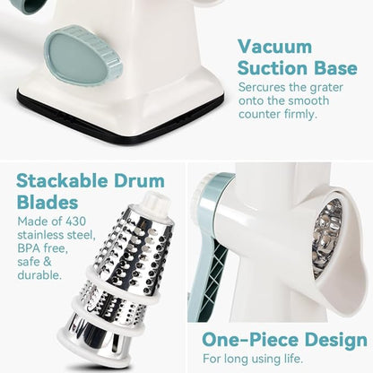 3 in 1 Manual Vegetable Cutter Machine with Stainless Steel Changeable Blades Rotary Cheese Grater Kitchen Tool Potato Slicer Shredder Nuts Chocolate Chopper (White blue)