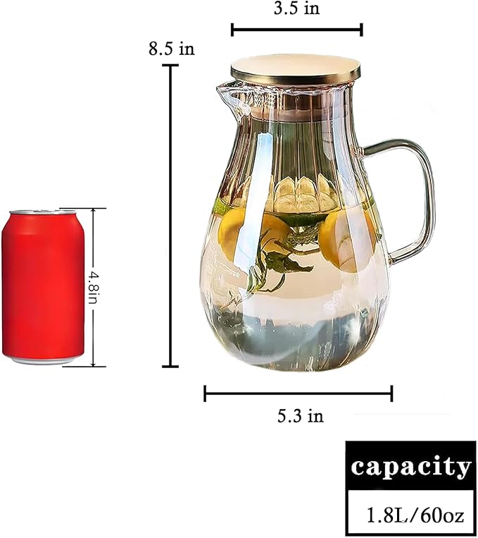 Glass Pitcher With Lid Amber Round Water Carafe with handle and Spout for Homemade Beverage, Juice,Hot Coffee, Iced Tea and Milk （62oz） - Image 2