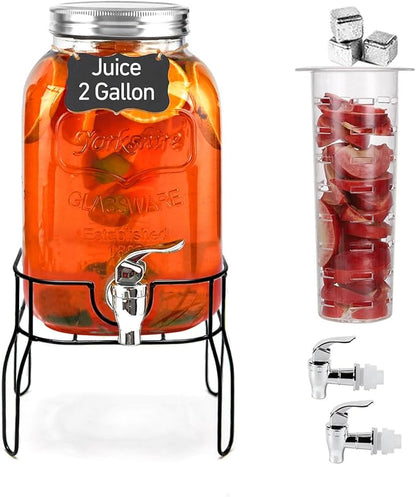 2 Gallon Drink Dispenser with 2 Press Type Spigot, Sun Tea Glass Mason Jar for Outside, Iced Lemonade Beverage Dispenser with Fruit Infuser, Large Water Juice Jug, Punch Dispenser for Parties