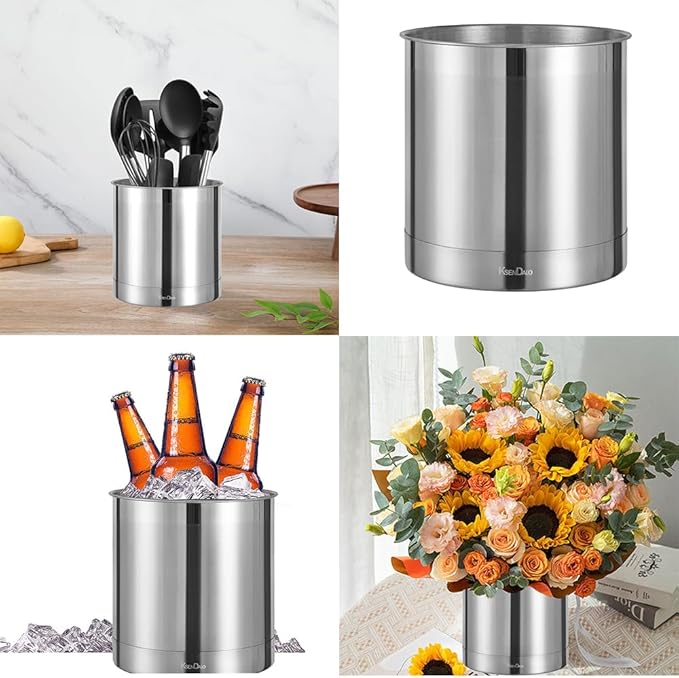 KSENDALO Stainless Steel Utensil Holder 7x7inch Large Utensil Holder for Countertop, Round Utensil Caddy for Spoons, Silverware, and Spatulas for Kitchen, Silver - Image 3