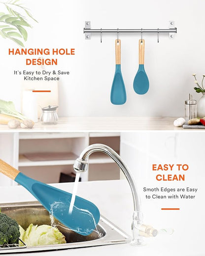 Cooking Spoon and Rice Scooper for Nonstick Cookwares, Great for Cooking and Serving Sturdy BPA-Free Matte Silicone, Wood Handle Spoon for Mixing, Scoop, and Scrape (Turquoise)