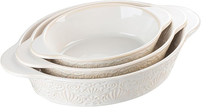 Dafuceramic Casserole Dishes for Oven Sets of 3, Ceramic Oval Baking Dish, Au Gratin Baking Pans with Handles for Roasting, Lasagna, Pie, Baking Meat & Vegetables (Beige White) by Dafuceramic
