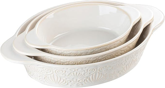 Dafuceramic Casserole Dishes for Oven Sets of 3, Ceramic Oval Baking Dish, Au Gratin Baking Pans with Handles for Roasting, Lasagna, Pie, Baking Meat & Vegetables (Beige White) by Dafuceramic