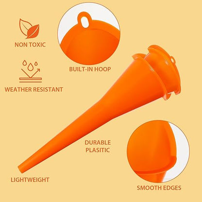 2-Pack Long Neck Multi-Purpose Spill Saver Plastic Funnel for Filling Automotive Oils, Lubricants, Engine Oils, Water, Diesel Fuel, Kerosene and Other Liquids - Orange
