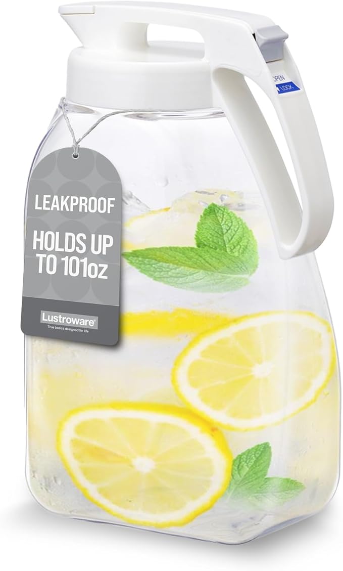 QuickServe Large Airtight Pitcher - 3L (101oz), Heat Resistant, BPA-Free SAN Plastic, One Touch Open & Close, Space-Saving, Made in Japan - White by Lustroware