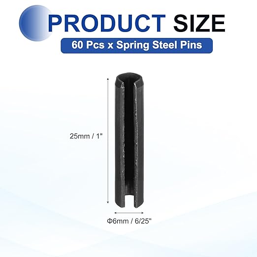MECCANIXITY 60Pcs Slotted Split Roll Pins 6/25 Inch(6mm) Dia. 1 Inch(25mm) Length 65Mn Steel Spring Tension Expansion Dowels for Secure Fastening, Black