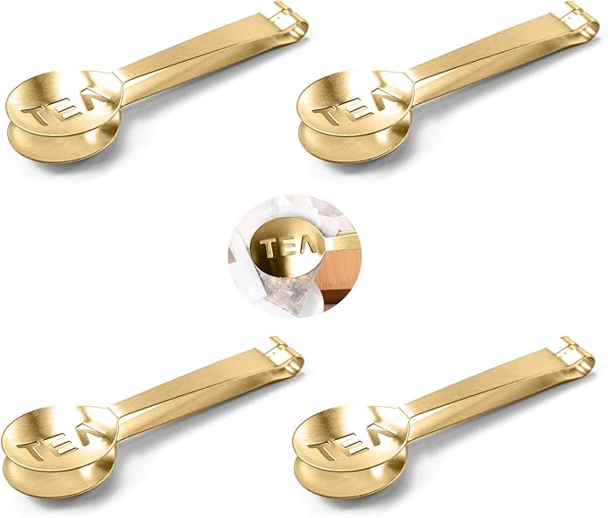 4Pcs Gold Tea Bag Squeezer, Stainless Steel Clip On Strainer, Tea Spoon Tongs For Loose Tea Ice Sugar Cubes, Tea Bag Holder Tea Accessories For Tea Drinkers
