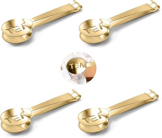 4Pcs Gold Tea Bag Squeezer, Stainless Steel Clip On Strainer, Tea Spoon Tongs For Loose Tea Ice Sugar Cubes, Tea Bag Holder Tea Accessories For Tea Drinkers