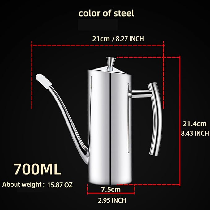 KSENDALO Stainless Steel Olive Oil Dispenser - 24oz/700mL Leakproof Oil Bottle, Premium One-Piece Design with Long Narrow Spout, Vertical Handle Kitchen Cruet for Precision Pouring - Image 2