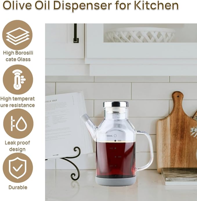 High Borosilicate Glass Oil Bottle-Olive Oil Dispenser for Kitchen-Soy Sauce and Vinegar Dispenser Bottle- Cooking Container Cruet-Oil Dispensing Bottles (Transparent, Small/550ml)