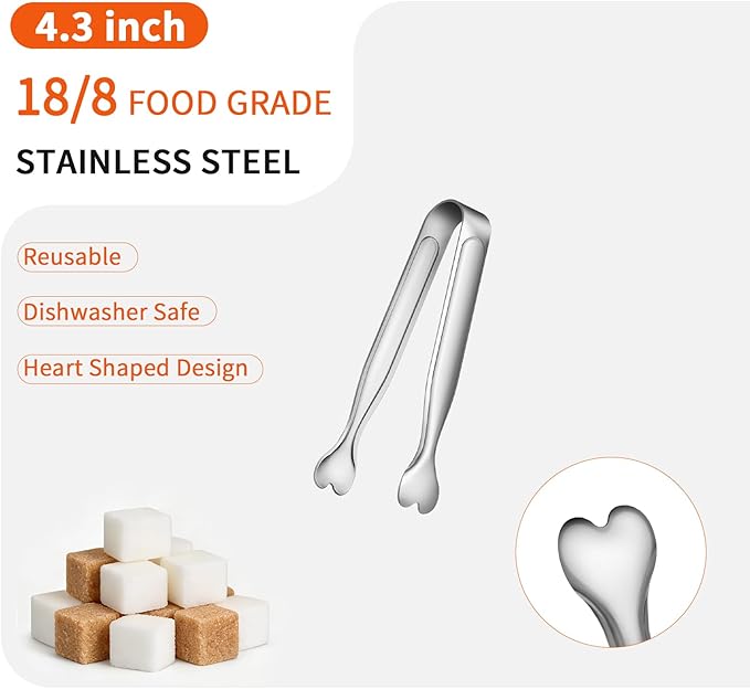 6 Pcs Mini Serving Tongs, 4.3 Inch Heart-Shaped Small Ice Tongs, Food Grade Stainless Steel Silver Tongs for Sugar Cube, Appetizers, Dessert, Tea Party, Home Kitchen, Coffee Bars, Dishwasher Safe - Image 3