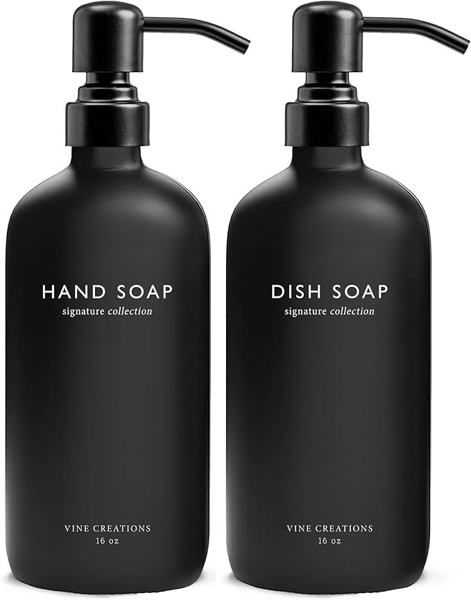 Vine Creations Black Glass Soap Dispenser Set, Dish Soap and Hand Soap Dispenser Set with Stainless Steel Pump, 16 oz Glass Dispensers for Kitchen Bathroom Decor (Matte Black Bottle/Matte Black Pump) by VineCreations