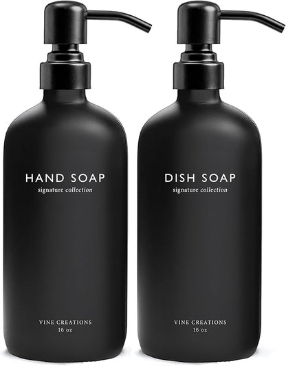 Vine Creations Black Glass Soap Dispenser Set, Dish Soap and Hand Soap Dispenser Set with Stainless Steel Pump, 16 oz Glass Dispensers for Kitchen Bathroom Decor (Matte Black Bottle/Matte Black Pump) by VineCreations