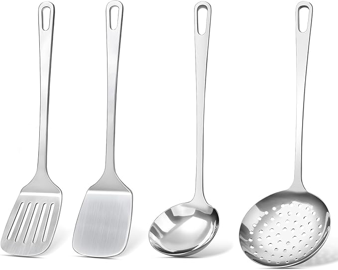 4 Pcs Cooking Utensils Set, Stainless Steel Kitchen Utensils, Heat Resistant Metal Kitchen Tools Include Solid & Slotted Turner Wok Spatula, Serving Spoon, Ergonomic Handle, Easy to Clean, Silver by Unknown