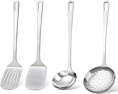 4 Pcs Cooking Utensils Set, Stainless Steel Kitchen Utensils, Heat Resistant Metal Kitchen Tools Include Solid & Slotted Turner Wok Spatula, Serving Spoon, Ergonomic Handle, Easy to Clean, Silver by Unknown