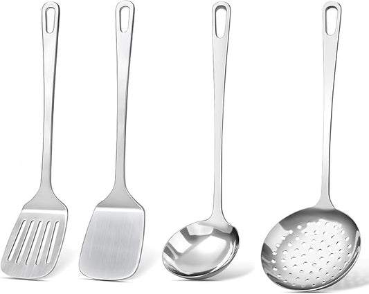 4 Pcs Cooking Utensils Set, Stainless Steel Kitchen Utensils, Heat Resistant Metal Kitchen Tools Include Solid & Slotted Turner Wok Spatula, Serving Spoon, Ergonomic Handle, Easy to Clean, Silver by Unknown