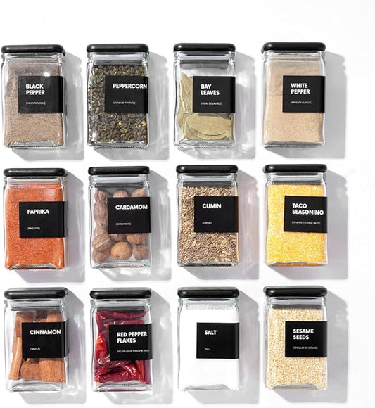 APT 1101 Glass Storage Jars with Bamboo Lid, glass canisters with airtight lids, Clear jars with lids for Spice, Cookie, Candy, Tea, Coffee Bean and Rice (Black, Spice Jar Set (4 oz, set of 12)) by APT1101