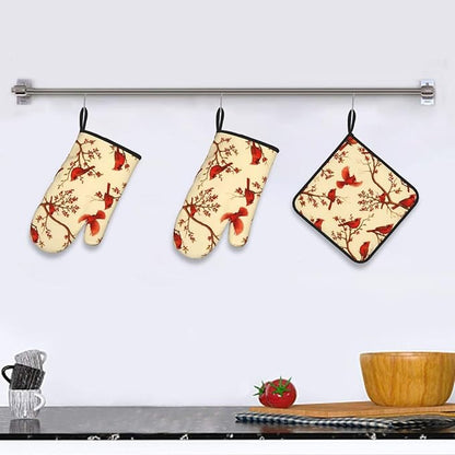 Red Cardinal Oven Mitts and Pot Holders Sets of 3, Non-Slip Christmas Heat Resistant Kitchen Gloves Hot Pad, Cardinal Gifts for Women, Rustic Christmas Kitchen Decor, Baking Cooking Grilling Gifts - Image 2