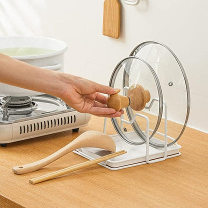 Poeland Pot Lid Holder, 2 Layers Pot Lids Organizer Multifunctional Lid and Spoon Rest Rack with Drip Tray for Lids, Spatulas, Spoons, Cutting Boards