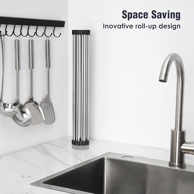 Tomorotec 21" x 15.5" Roll Up Dish Drying Rack Over Sink Drying Rack Sink Cover Kitchen Sink Accessories Gadget Multipurpose Organizer Foldable Stainless Steel Drainer - Image 3