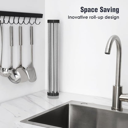 Tomorotec 21" x 15.5" Roll Up Dish Drying Rack Over Sink Drying Rack Sink Cover Kitchen Sink Accessories Gadget Multipurpose Organizer Foldable Stainless Steel Drainer - Image 3