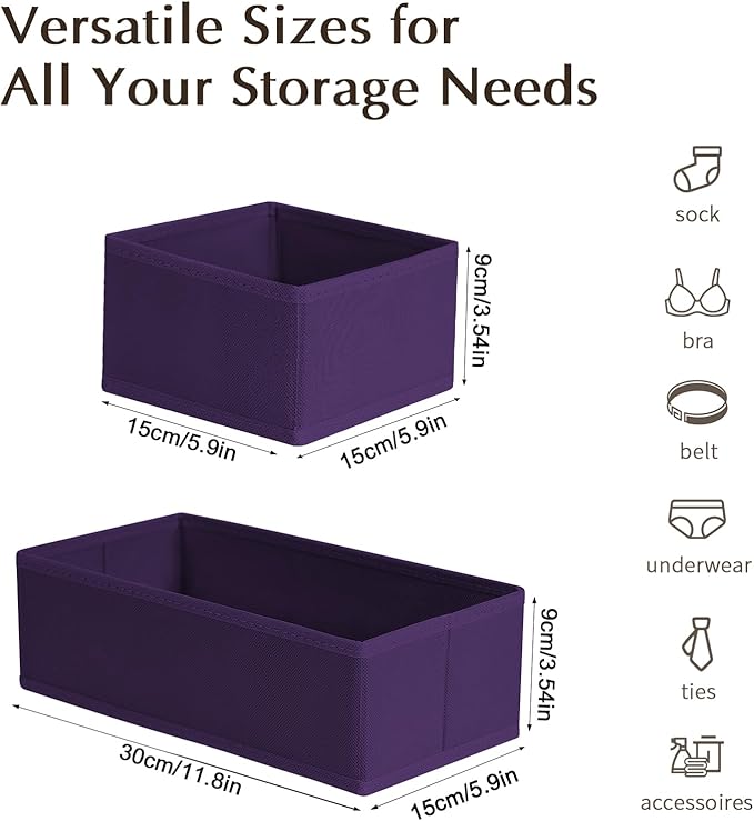 DIMJ Drawer Organizers Clothes, Set of 8 Dresser Organizer Bins, Fabric Closet Organizers and Storage, Shallow Drawer Dividers for Nursery, Clothing, Baby Clothes, Socks, Underwears, Tie (Purple) - Image 2
