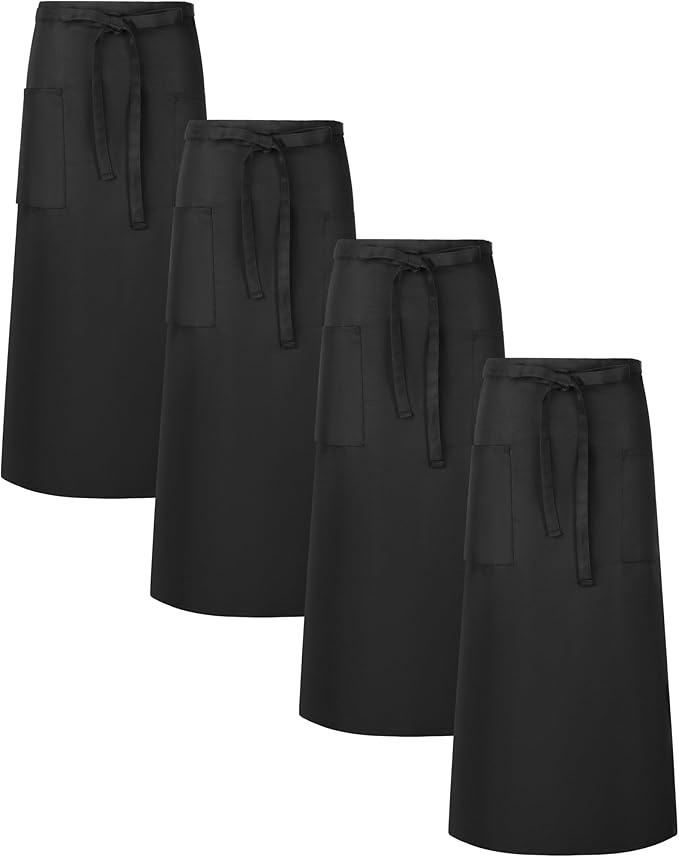 Xtinmee 4 Pcs Bistro Aprons 2 Pockets 32 Inch Waterproof Half Waist Black Bistro Apron with Long Waist Ties for Server Chef Waiter Waitress Bartender