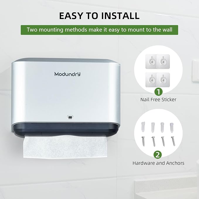 Wall Mount Paper Towel Dispenser, Multifold Hand Towel Dispenser with Smart Lock, Adhesive No-Drill or Screw Install, Holds 200 Towels for Bathroom, Restroom, Office, Kitchen & Home, Sliver